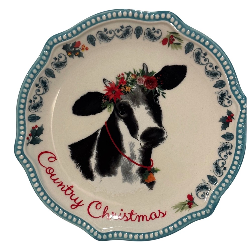 The Pioneer Woman Country Christmas Cow Salad Plate White Teal Excellent retired
